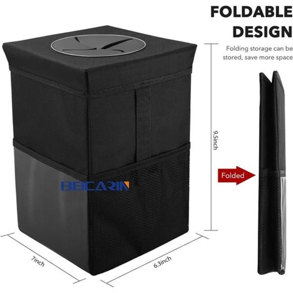 Car Trash Can with Lid - Car Trash Bag Hanging with Storage Pockets Collapsible - Picture 4 of 7